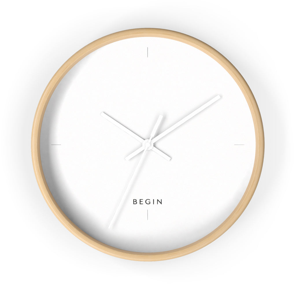 END USER PROTO-VANITY COLLECTION Minimalist Wall Clock — Modern White Face, Natural Wood Frame