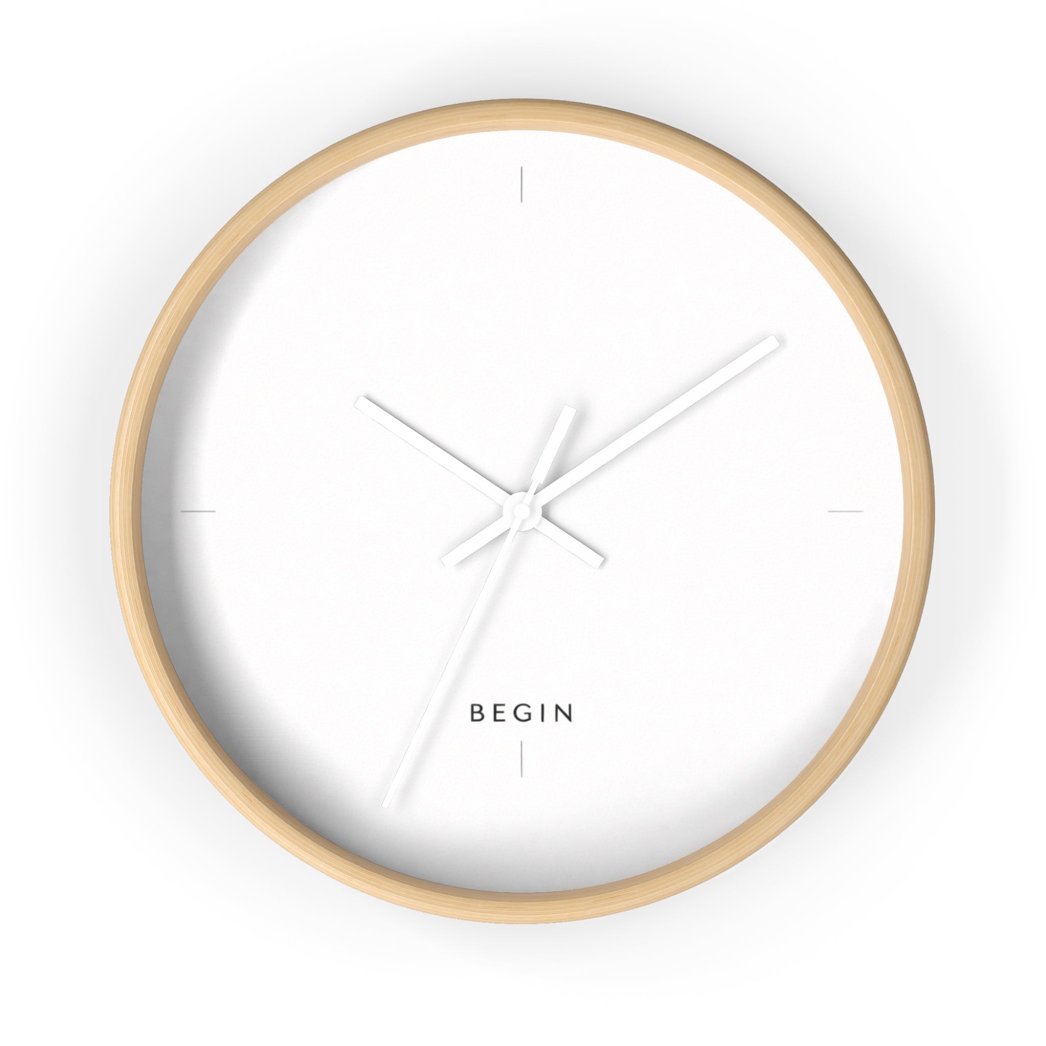 END USER PROTO-VANITY COLLECTION Minimalist Wall Clock — Modern White Face, Natural Wood Frame