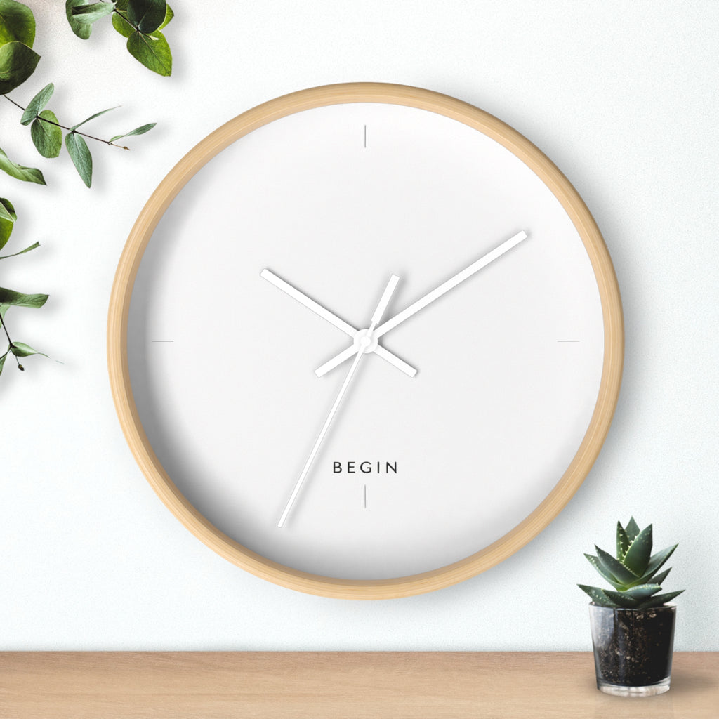 END USER PROTO-VANITY COLLECTION Minimalist Wall Clock — Modern White Face, Natural Wood Frame