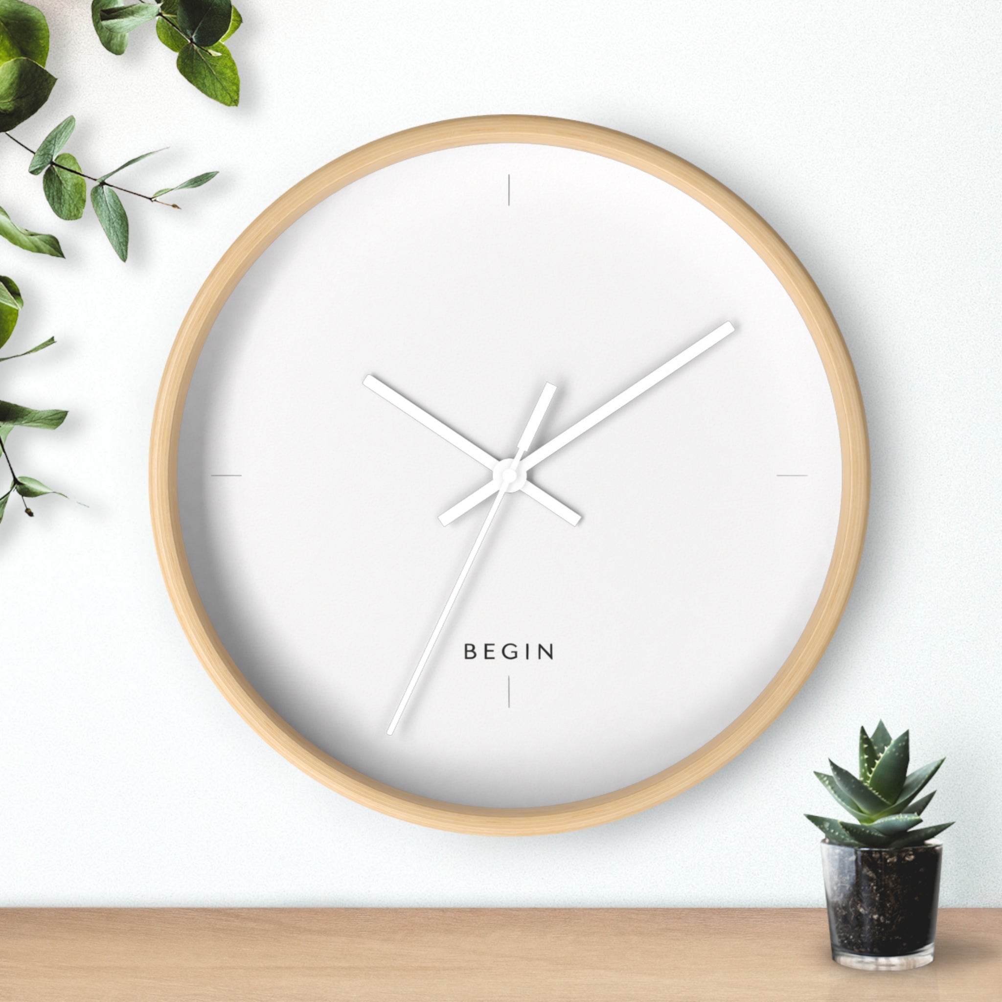 END USER PROTO-VANITY COLLECTION Minimalist Wall Clock — Modern White Face, Natural Wood Frame