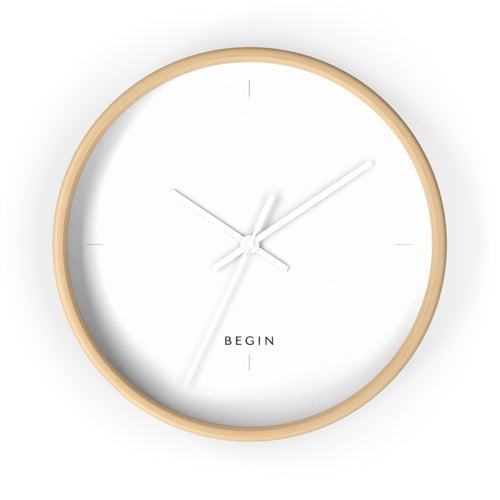 Begin Minimalist Wall Clock — Modern White Face, Natural Wood Frame