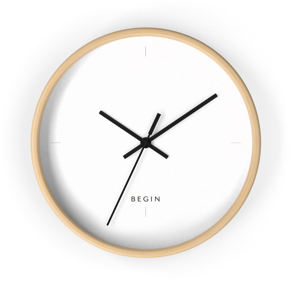 Begin Minimalist Wall Clock — Modern White Face, Natural Wood Frame