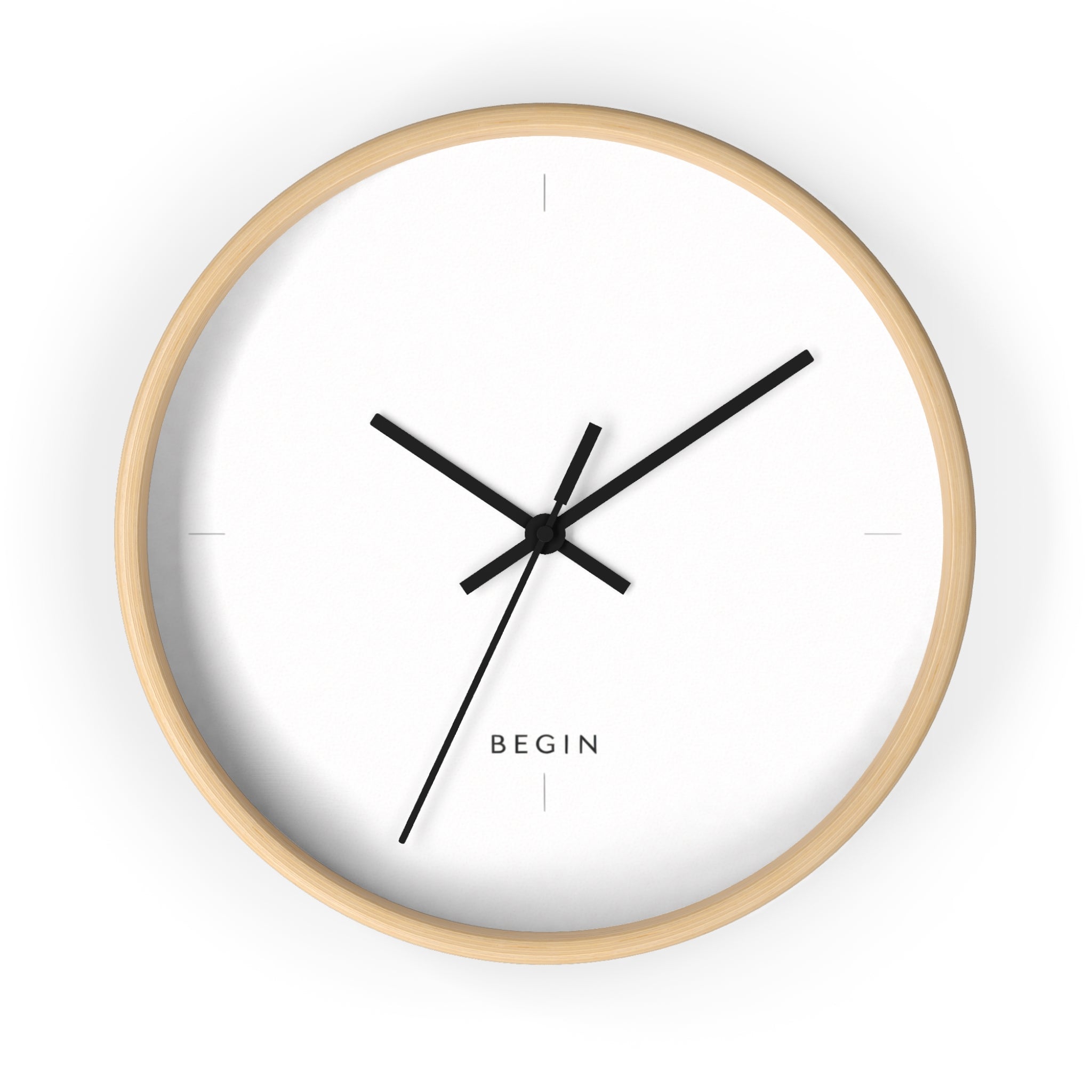 Begin Minimalist Wall Clock — Modern White Face, Natural Wood Frame