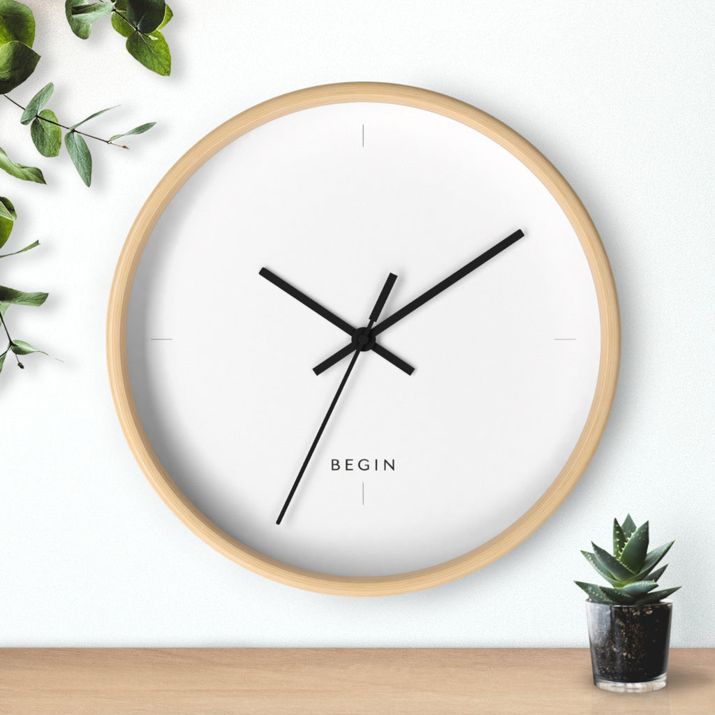 Begin Minimalist Wall Clock — Modern White Face, Natural Wood Frame