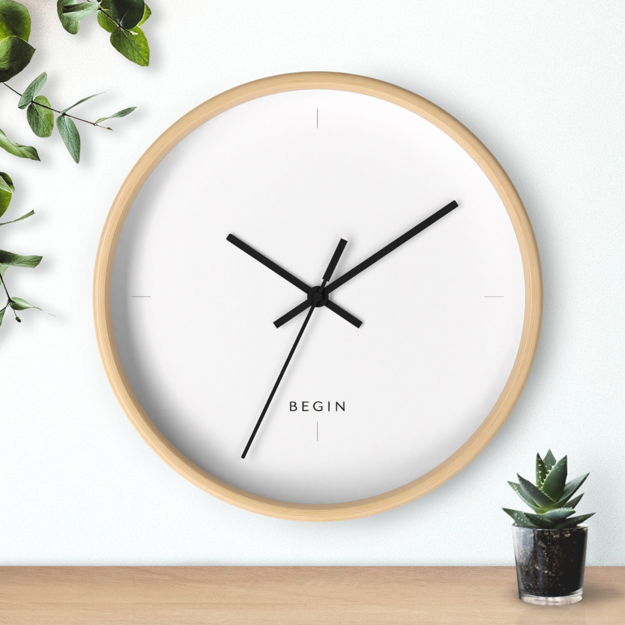 Begin Minimalist Wall Clock — Modern White Face, Natural Wood Frame