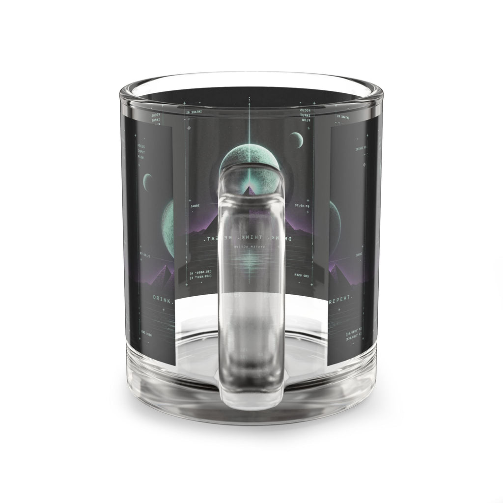 Retro Futuristic Glass Mug — Neon Moon Pyramid Design (10oz)