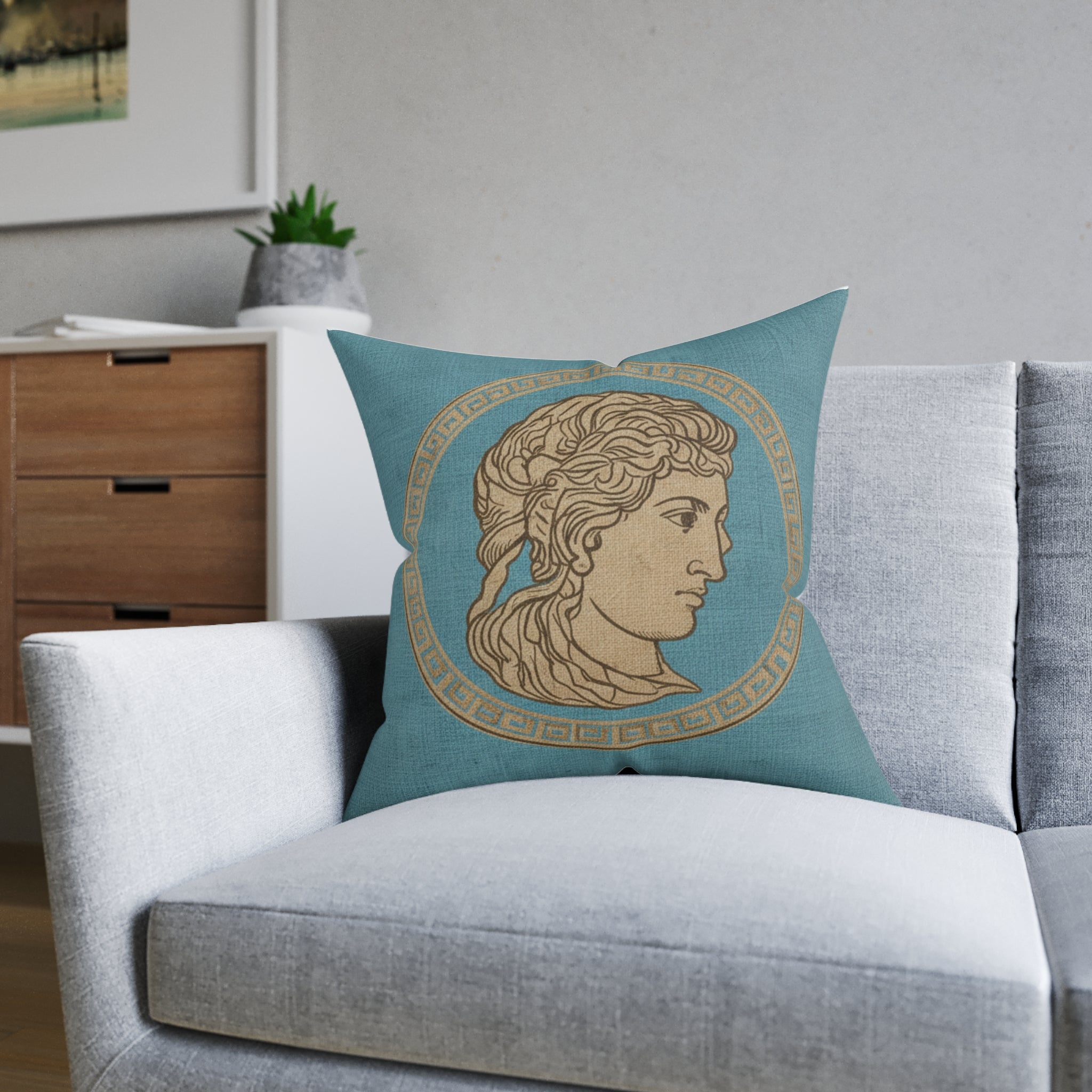 END USER INTERIOR PROTO-VANITY Greek Bust Medallion Square Pillow — Classical Athena-Inspired Decorative Throw Pillow