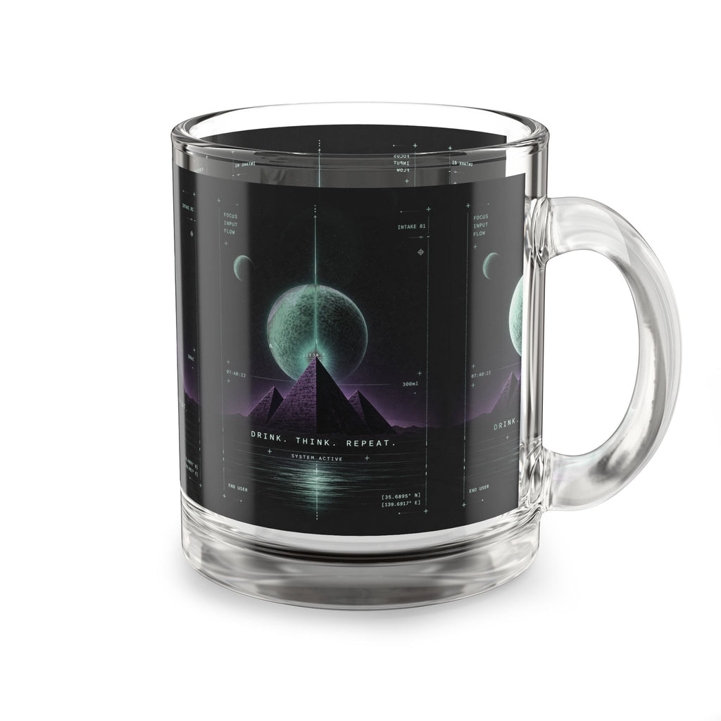 Retro Futuristic Glass Mug — Neon Moon Pyramid Design (10oz)