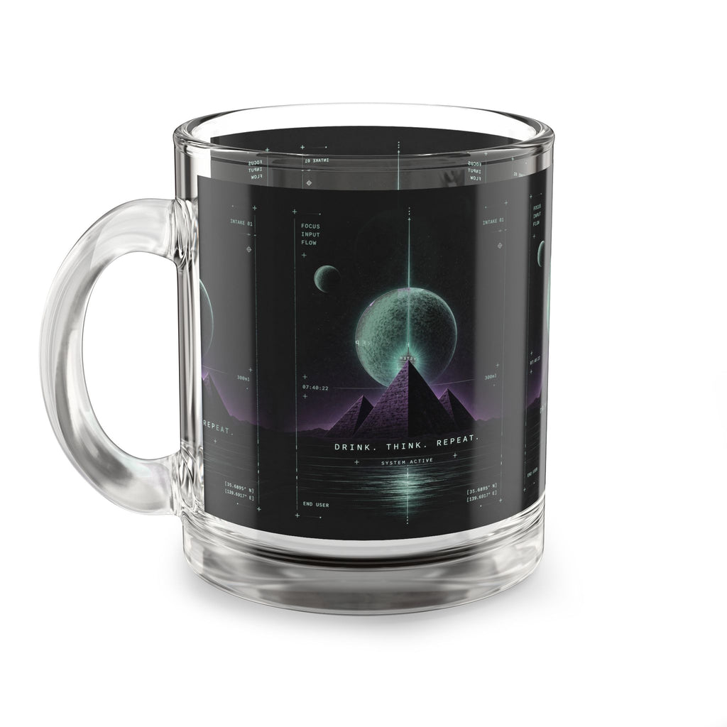 Retro Futuristic Glass Mug — Neon Moon Pyramid Design (10oz)